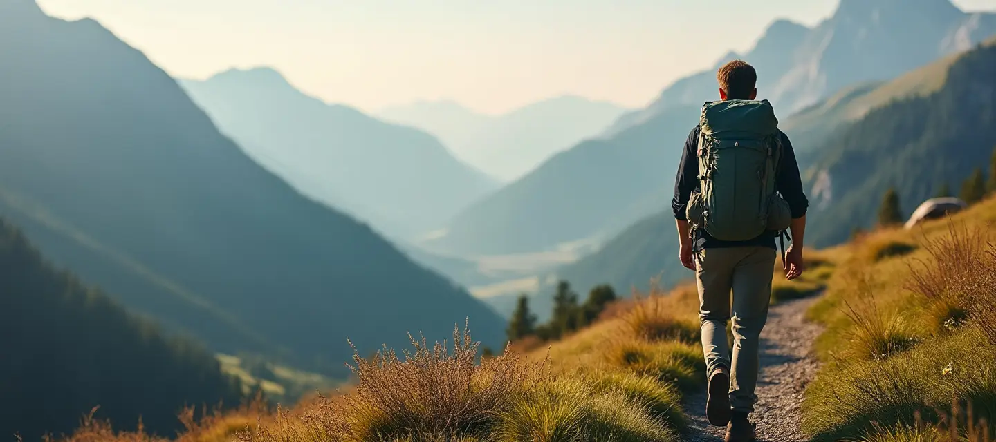 Wanderer von hinten mit Trekkingrucksack auf einem schmalen Gratweg im Morgenlicht, dahinter gestaffelte Bergketten